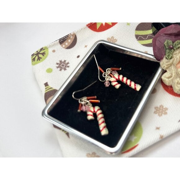 Christmas-Themed Candy Cane & Tree Earrings With Santa Pin On Festive Pouch - Picture 2 of 5